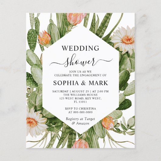 Budget cactus bloemen bruiloft douche uitnodiging (Voorkant)