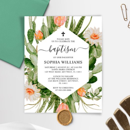 Budget Cactus Flowers Frame Baptism Invitation
