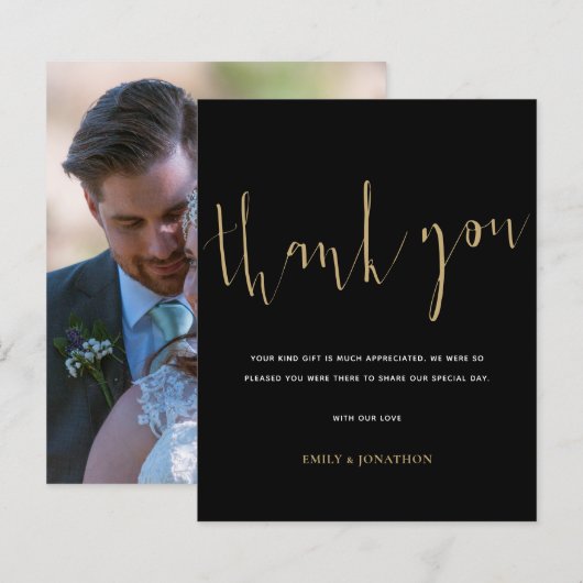 Budget Calligrafie Foto Gold Black Wedding Bedankt (Voorkant / Achterkant)