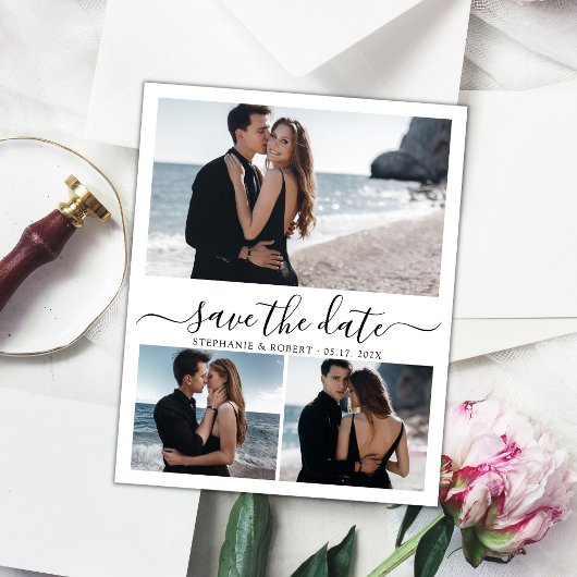 Budget Calligraphy 3 Foto Collage Save The Date Aankondigingskaart