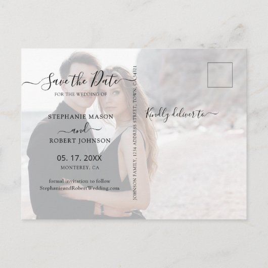 Budget Calligraphy 3 Foto Collage Save The Date Aankondigingskaart (Achterkant)