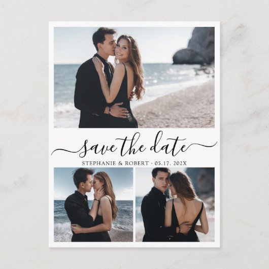 Budget Calligraphy 3 Foto Collage Save The Date Aankondigingskaart (Voorkant)