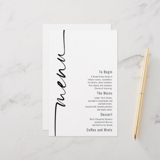 Budget Calligraphy Moderne Wedding Menu (Voorkant / Achterkant in situ)