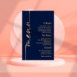 Budget Calligraphy Navy Blue Gold Wedding Menu<br><div class="desc">Budget Kalligrafie Navy Blue Gold Wedding Menu Maat 5, 5 "x 8, 5" tegen een budgetprijs, Dit moderne ontwerp heeft Menu in een elegant setscript dat aan de linkerkant loopt en de rest van de tekst is rechts uitgelijnd, die u gemakkelijk kunt personaliseren, evenals uw namen en trouwdatum op de...</div>