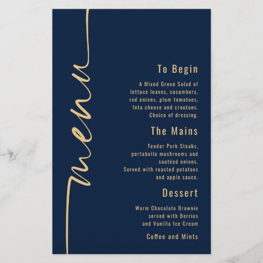 Budget Calligraphy Navy Blue Gold Wedding Menu (Voorkant)