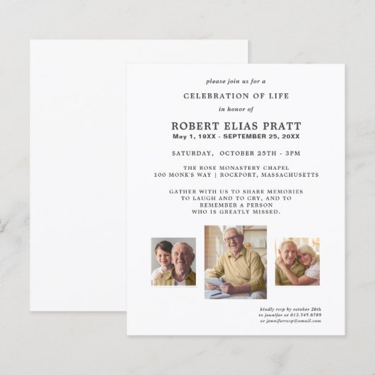Budget Celebration of Life 3 Photo Invitation (Voorkant / Achterkant)