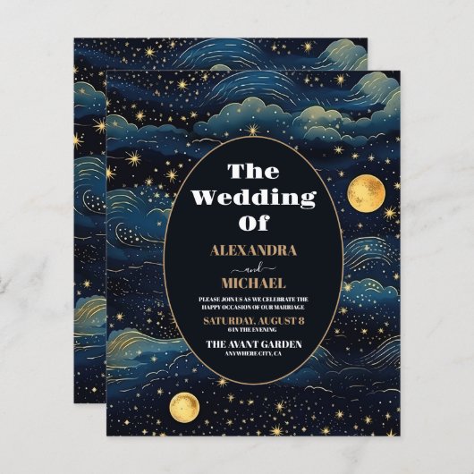 Budget Celestial Midnight Blue Stars Maan Bruiloft (Voorkant / Achterkant)