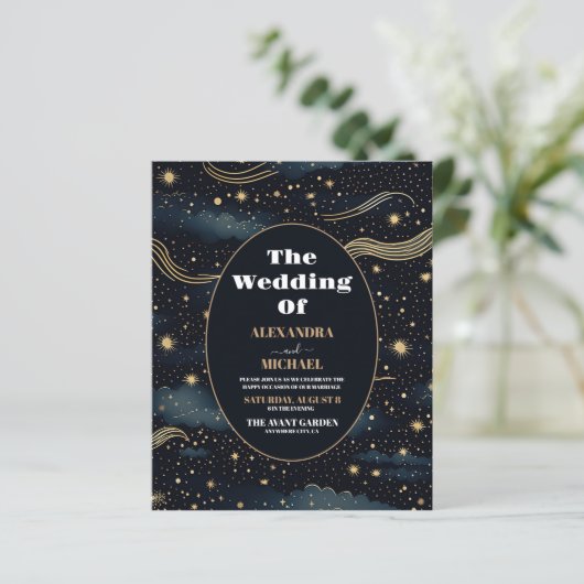 Budget Celestial Midnight Blue Stars Maan Bruiloft (Staand voorkant)