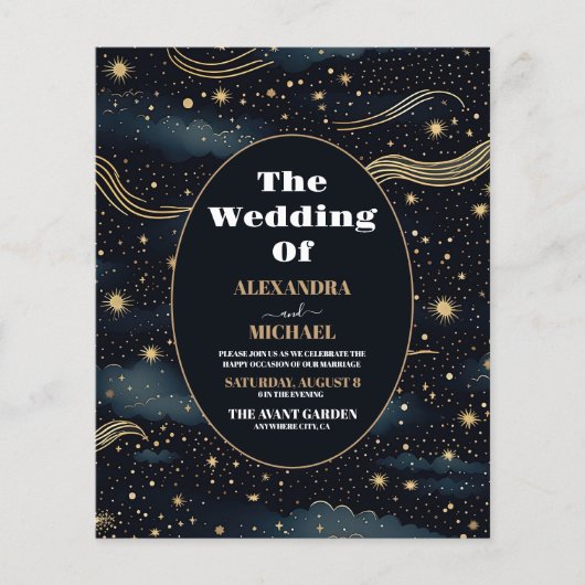 Budget Celestial Midnight Blue Stars Maan Bruiloft (Voorkant)