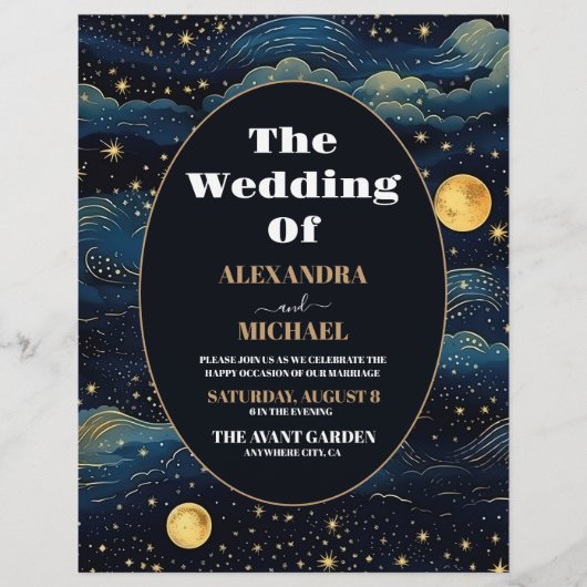 Budget Celestial Midnight Blue Stars Maan Bruiloft Flyer (Voorkant)