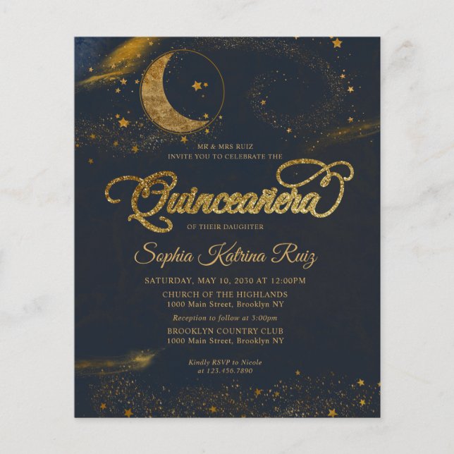 Budget Celestial Midnight Blue Stars Quinceanera (Voorkant)