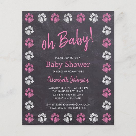 Budget Chalkboard Pink Girl Paw Baby shower (Voorkant)