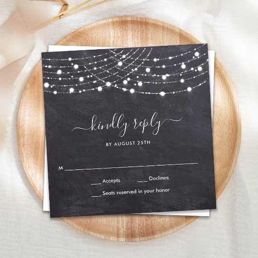 Budget Chalkboard String Lights Wedding RSVP Notitiekaartje