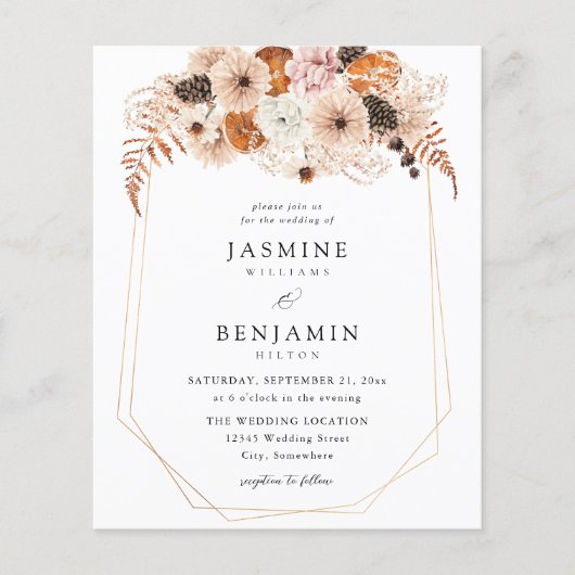Budget Champagne BeigeOrange Rustic Floral Wedding Flyer (Voorkant)