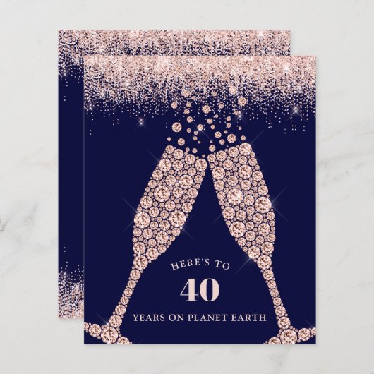 Budget Champagne Glitter 40e Verjaardag Uitnodigen (Voorkant / Achterkant)