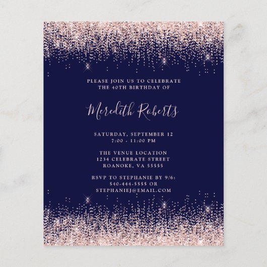 Budget Champagne Glitter 40e Verjaardag Uitnodigen (Achterkant)