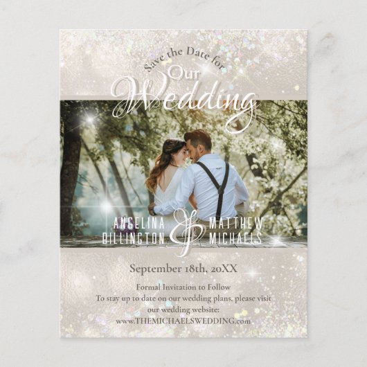 Budget Champagne Glitter Wedding Save the Date (Voorkant)