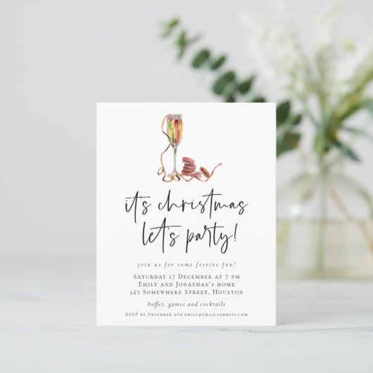 Budget Champagne Kerst Feest Uitnodiging (Staand voorkant)