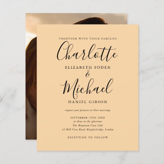 Budget Champagne Script Foto Huwelijksuitnodiging (Voorkant / Achterkant)