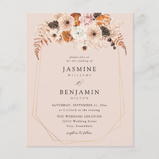 Budget ChampagneBeigeOranjeRustiek Bloemenbruiloft (Voorkant)