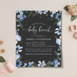 Budget Charcoal Blue Floral Baby Brunch Uitnodigin
