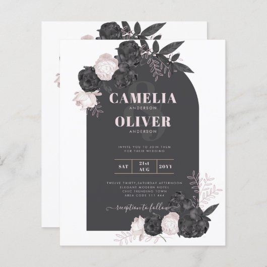 BUDGET Charcoal Gray roze Roses Wedding INVITE (Voorkant / Achterkant)