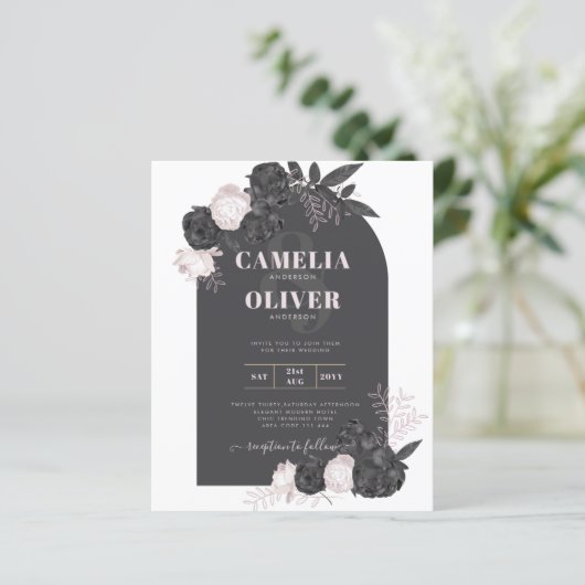 BUDGET Charcoal Gray roze Roses Wedding INVITE (Staand voorkant)