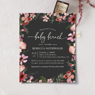 Budget Charcoal Pink Floral Baby Brunch Uitnodigin