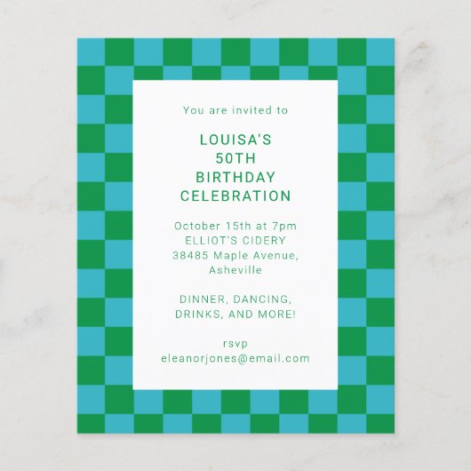 Budget Checkerboard Blauw Groen Verjaardag Uitnodi (Voorkant)