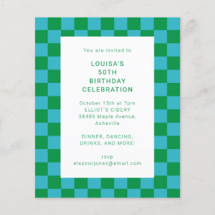 Budget Checkerboard Blauw Groen Verjaardag Uitnodi