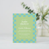 Budget Checkerboard Blue Green Baby shower nodigt  (Staand voorkant)
