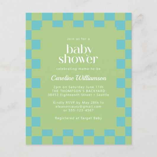 Budget Checkerboard Blue Green Baby shower nodigt  (Voorkant)