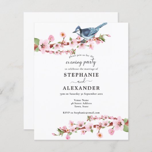 Budget Cherry Blossom Bird Evening Party Invite (Voorkant / Achterkant)