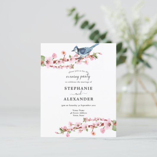 Budget Cherry Blossom Bird QR Evening Party Invite (Staand voorkant)