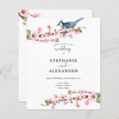 Budget Cherry Blossom Blue Bird QR Wedding Invite (Voorkant / Achterkant)