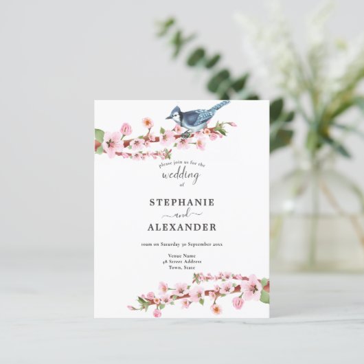 Budget Cherry Blossom Blue Bird QR Wedding Invite (Staand voorkant)