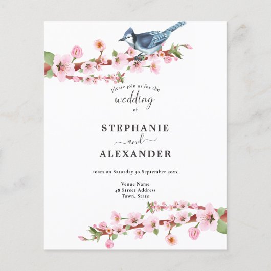 Budget Cherry Blossom Blue Bird QR Wedding Invite (Voorkant)