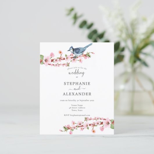Budget Cherry Blossom Blue Bird Wedding Invite (Staand voorkant)