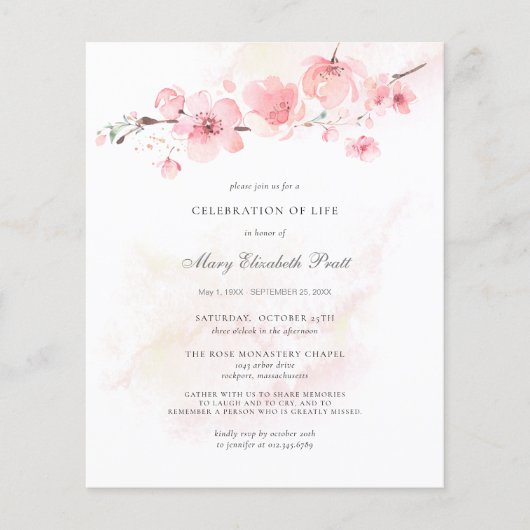 Budget Cherry Blossom Celebration of Life Invite (Voorkant)