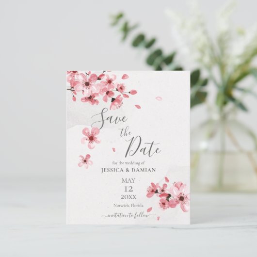 Budget Cherry Blossom Floral Wedding Save the Date (Staand voorkant)
