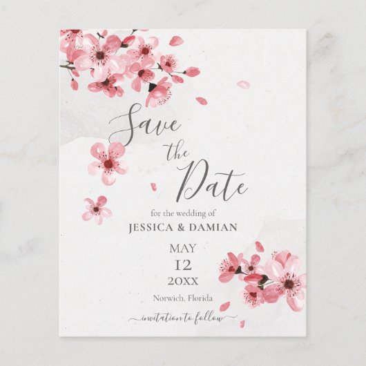 Budget Cherry Blossom Floral Wedding Save the Date (Voorkant)