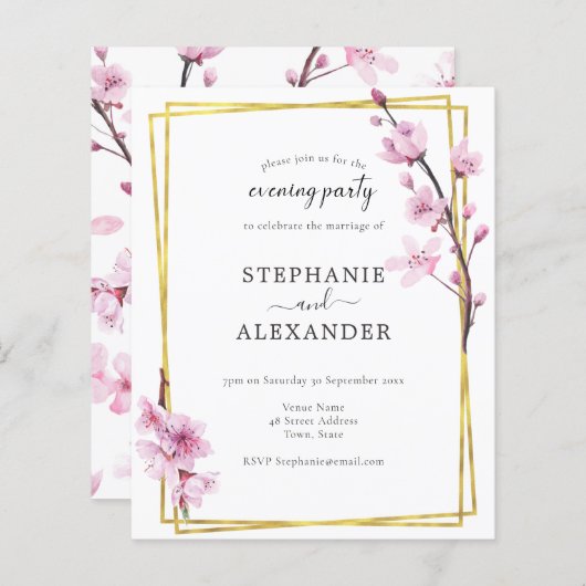 Budget Cherry Blossom & Gold Evening Party Invite (Voorkant / Achterkant)