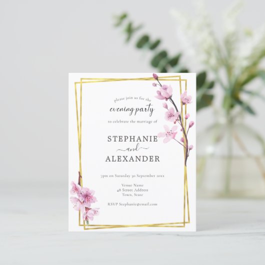 Budget Cherry Blossom & Gold Evening Party Invite (Staand voorkant)