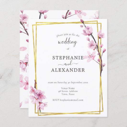 Budget Cherry Blossom & Gold Lijst Wedding Invite (Voorkant / Achterkant)