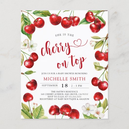Budget Cherry Op Top Red Cherry Baby shower Uitnod (Voorkant)