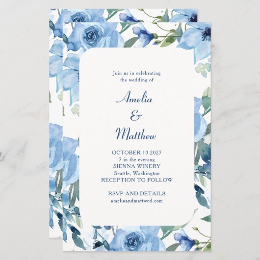 Budget Chic Blue Waterverf Floral Wedding Invite (Voorkant / Achterkant)