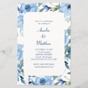 Budget Chic Blue Waterverf Floral Wedding Invite