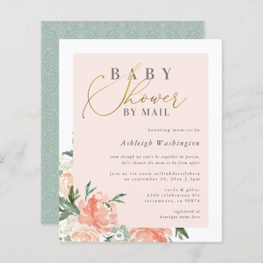 Budget Chic Blush Floral Gold Baby shower per post (Voorkant / Achterkant)