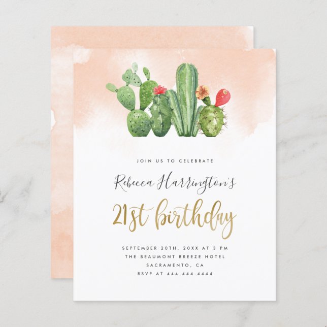 Budget Chic Blush Waterverf Cactus 21st Birthday (Voorkant / Achterkant)