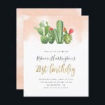 Budget Chic Blush Waterverf Cactus 21st Birthday<br><div class="desc">Viel je 21ste verjaardagsfeest met deze kerkelijke zomeruitnodigingen. Ideaal voor Mexicaanse of woestijngevierde feestjes. Met waterverf cactus aan de bovenkant met een stompe roze achtergrond. "21st Birthday" wordt weergegeven in een faux Gold folie script. Pas eenvoudig aan met uw partijdetails in eenvoudige typografie. Omkeren naar een spoelwasbeurt voor de waterverf....</div>